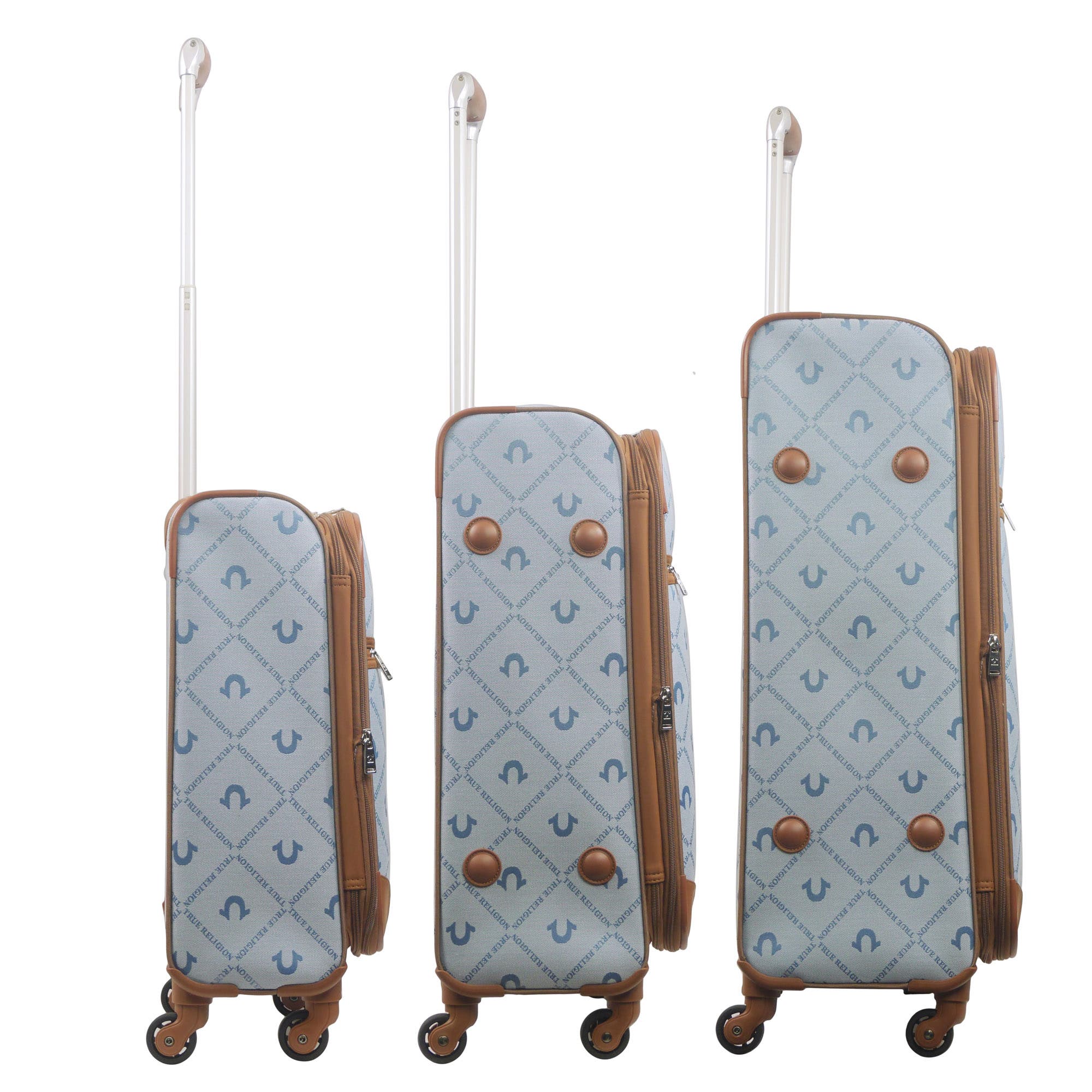 True Religion Soft Sided 3 pc spinner Luggage Set wiith Ionic logo monogram and Buddha patch, Alternate, color, 