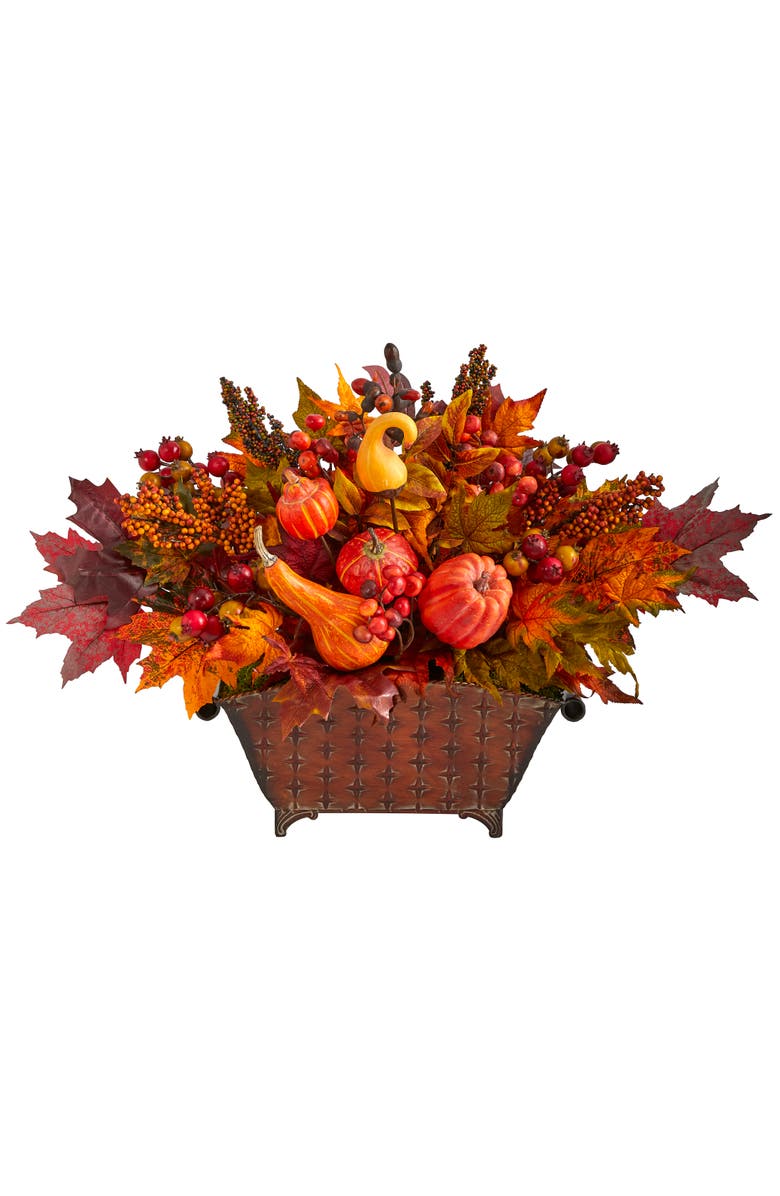 NEARLY NATURAL 27-in Pumpkin, Maple Leaf and Berries Artificial Arrangement in Metal Vase, Main, color, Orange
