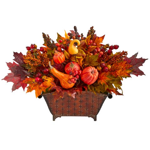 27-in Pumpkin, Maple Leaf and Berries Artificial Arrangement in Metal Vase