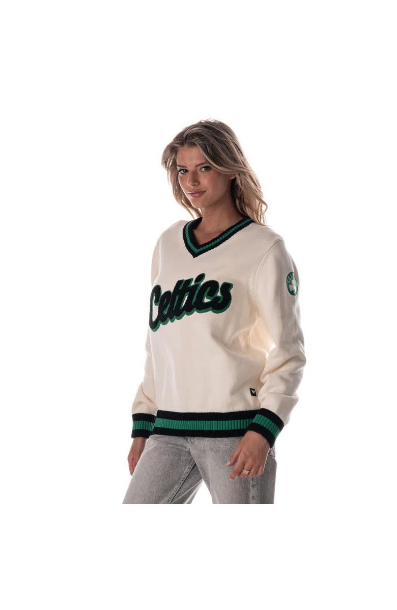 THE WILD COLLECTIVE Women's The Wild Collective Cream Boston Celtics Jacquard V-Neck Sweater, Main, color, Cream