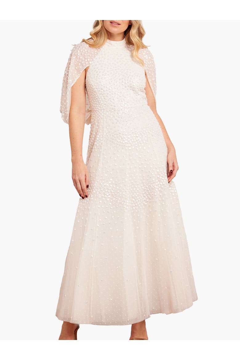 Scallop Sequin Cape Ankle Gown, Main, color, Cream