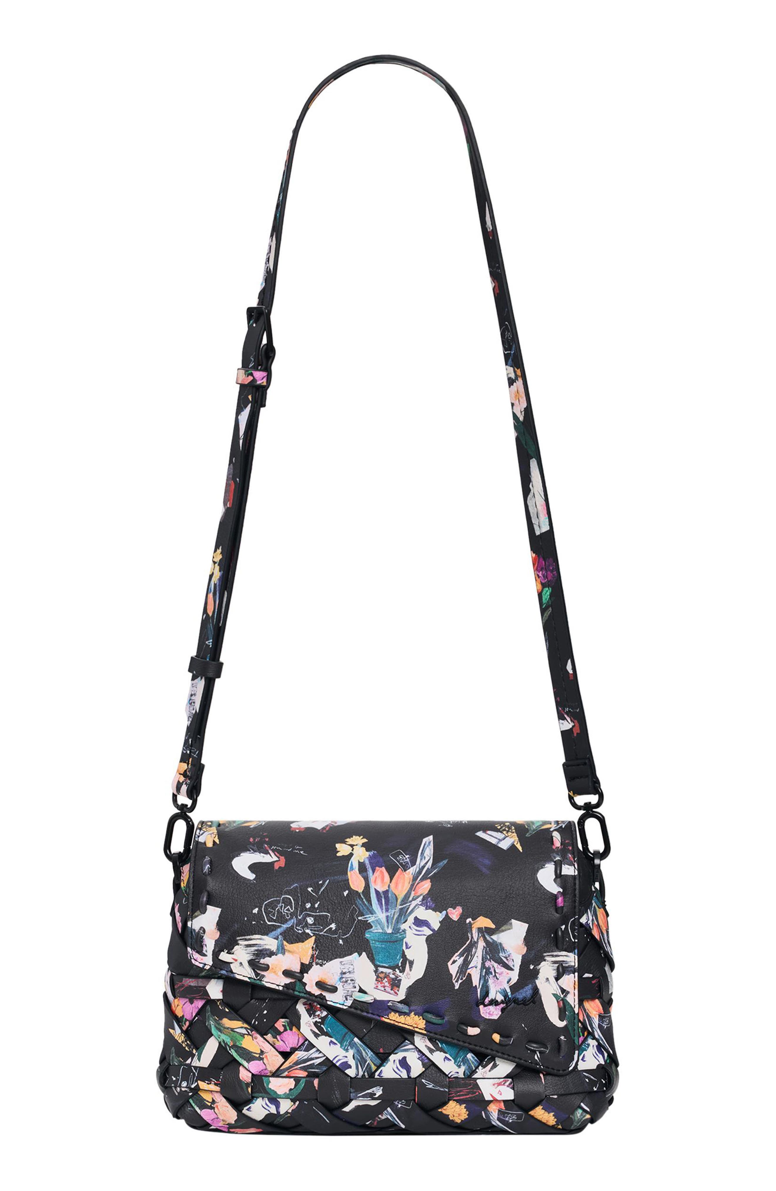 Desigual Floral Pattern Faux Leather Crossbody Bag, Main, color, Black