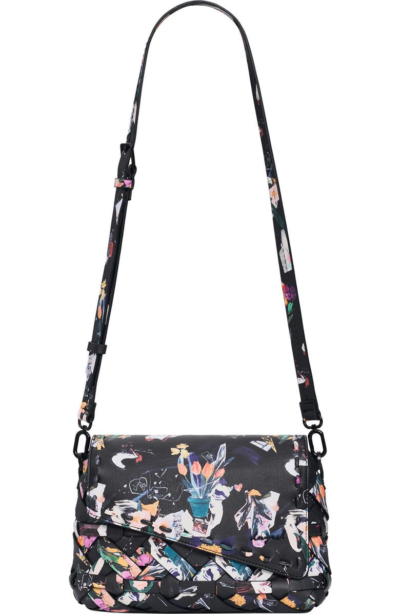 Desigual Floral Pattern Faux Leather Crossbody Bag, Main, color, Black