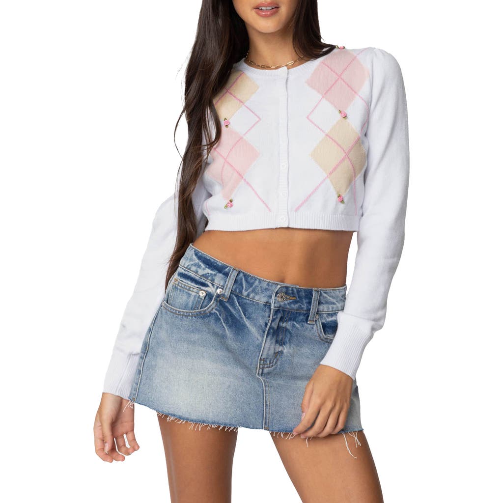 EDIKTED Francis Argyle Crop Cardigan in White