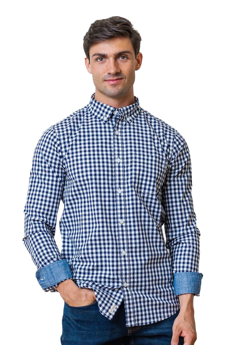 Hope & Henry Men's Organic Stretch Poplin Shirt, Main, color, Navy Gingham