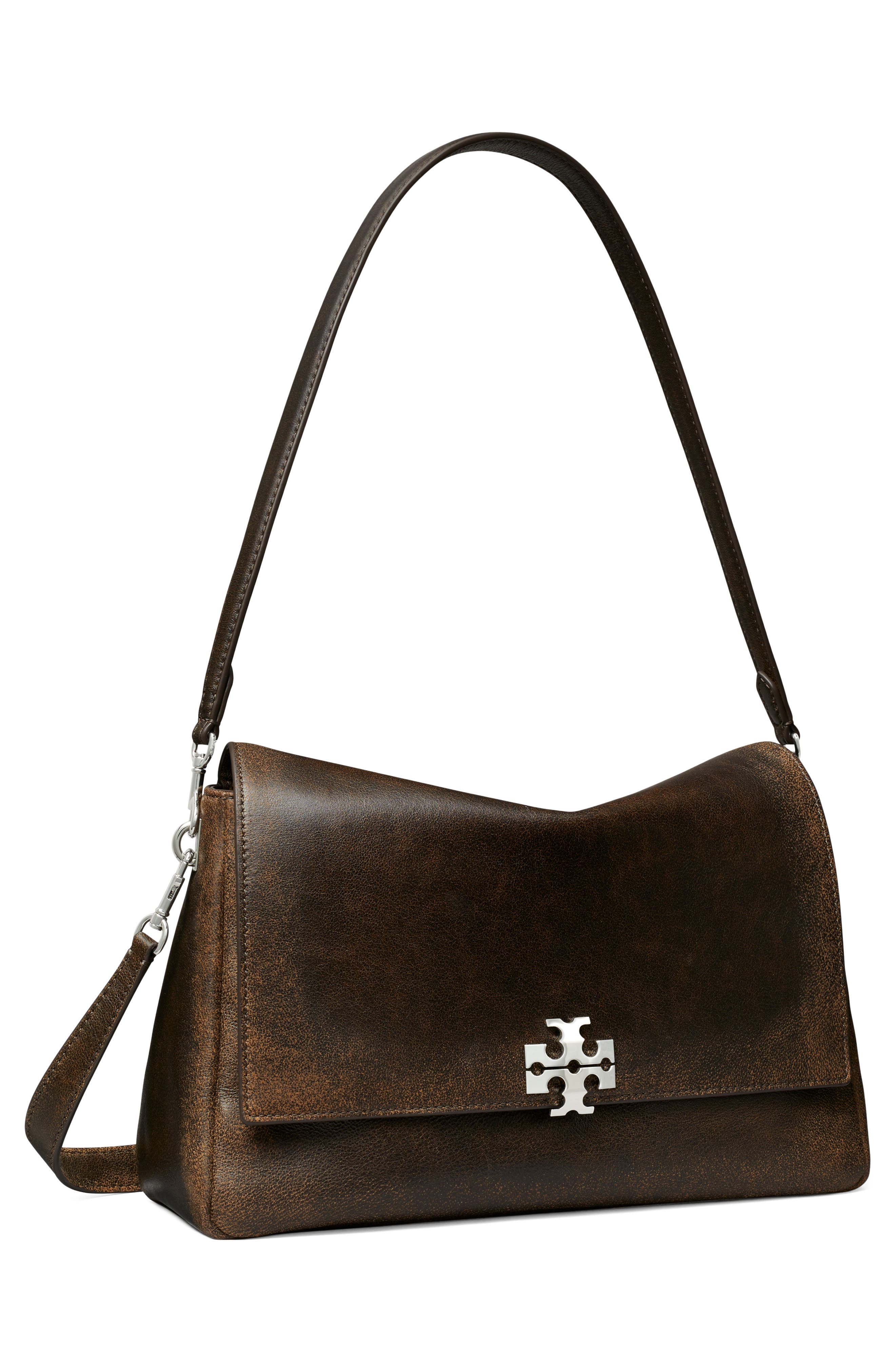 Charlie Distressed Leather Shoulder Bag, Alternate, color, DARK ROAST