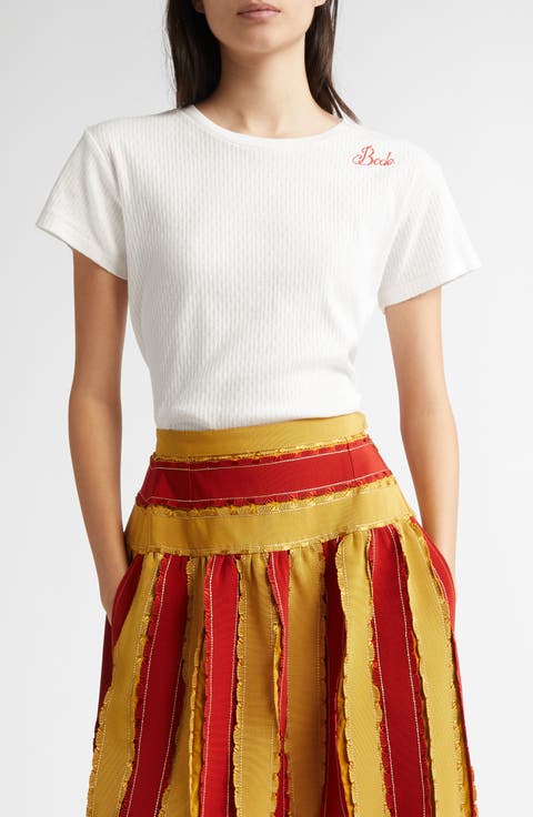 Embroidered Pointelle Knit Cotton T-Shirt