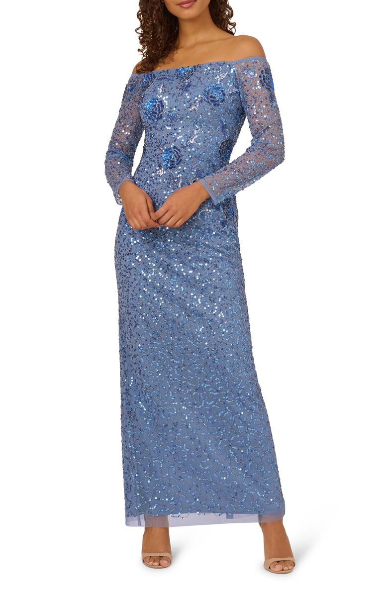 Adrianna Papell Beaded Off the Shoulder Long Sleeve Mesh Column Gown, Main, color, 