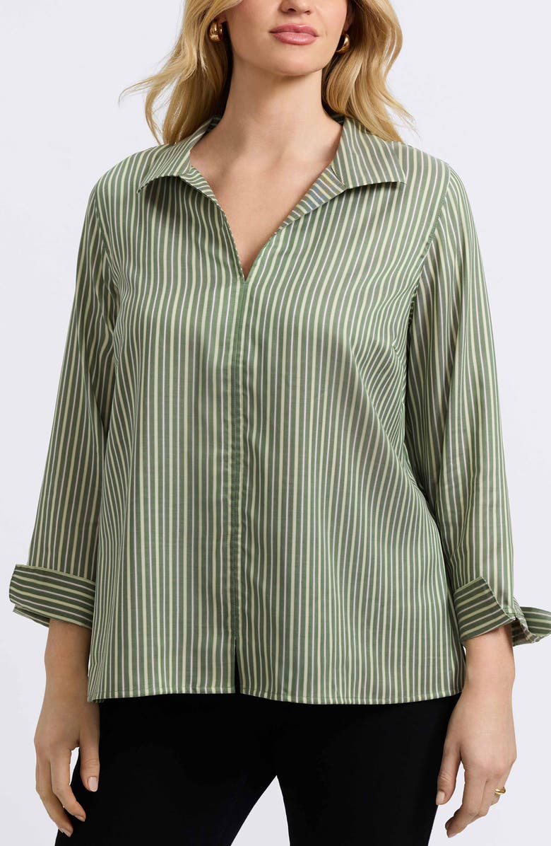 Foxcroft Agnes Stripe Three-Quarter Sleeve Popover Top, Main, color, Basil Multi
