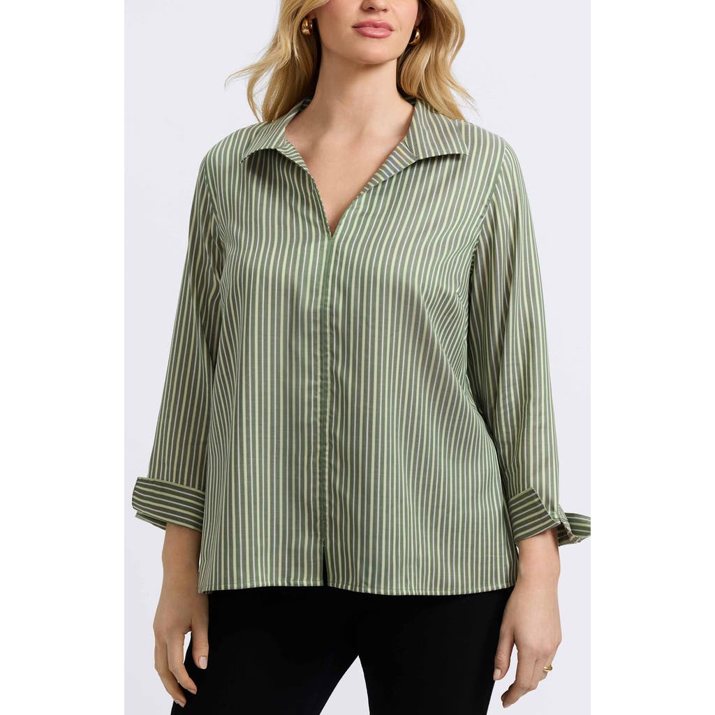 Foxcroft Agnes Stripe Three-quarter Sleeve Popover Top In Green