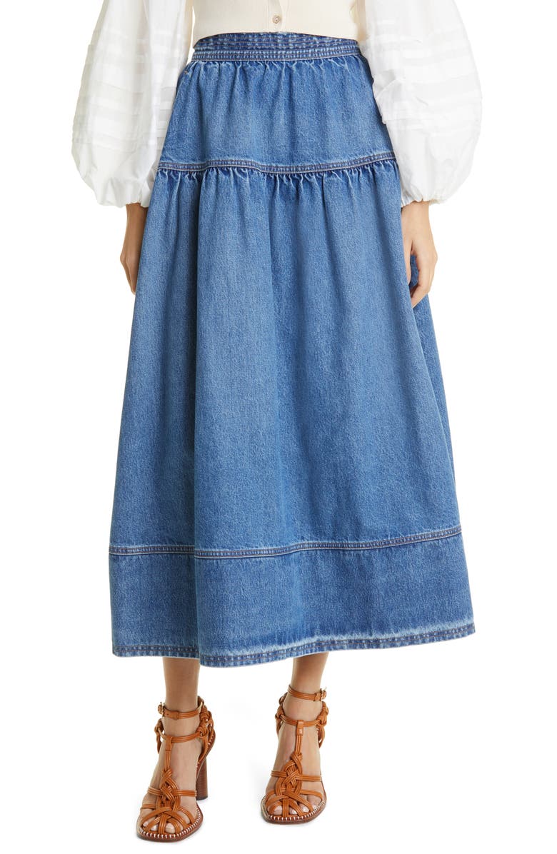 Ulla Johnson The Astrid Denim Maxi Skirt, Main, color, Danube Medium Indigo Wash