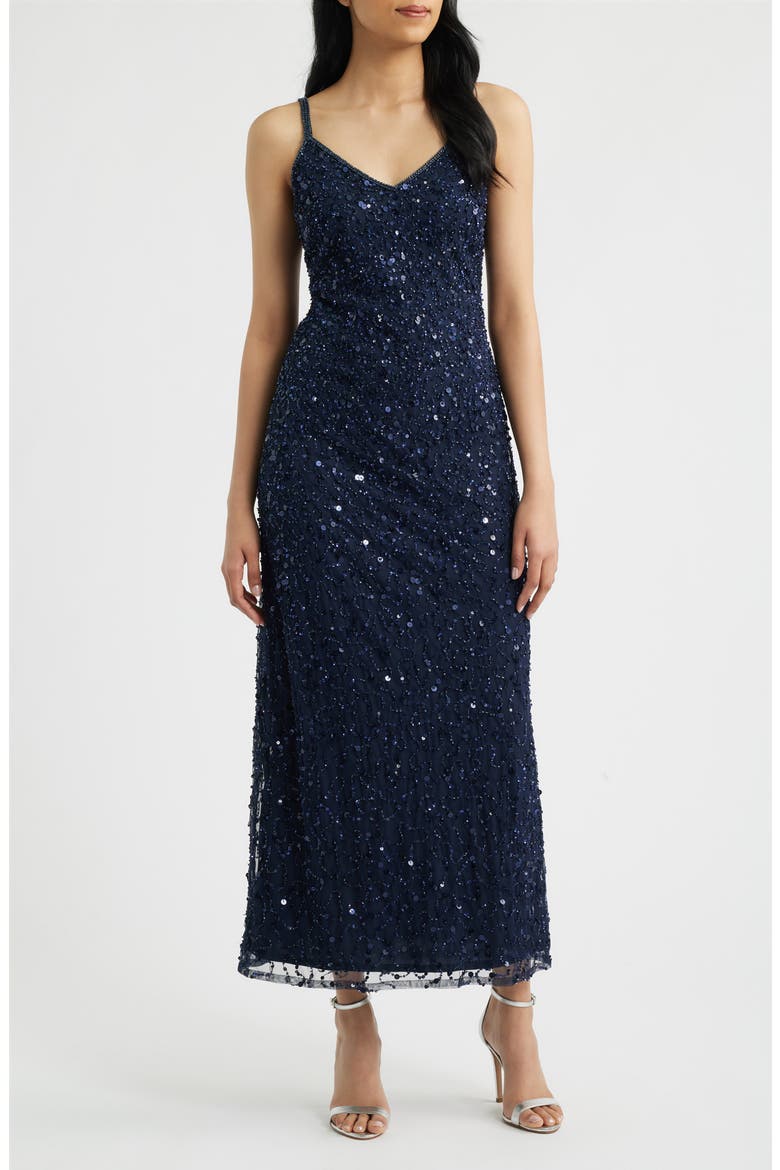 Beaded Cocktail Dress with Bolero, Main, color, NAVY