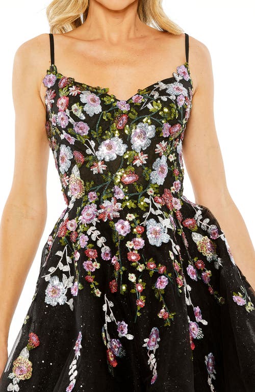 Mac Duggal Thin Strap Floral Embroidered Mini Dress In Black