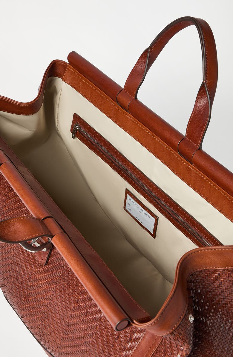 Brunello Cucinelli Braided leather and cowhide bag, Alternate, color, Cognac