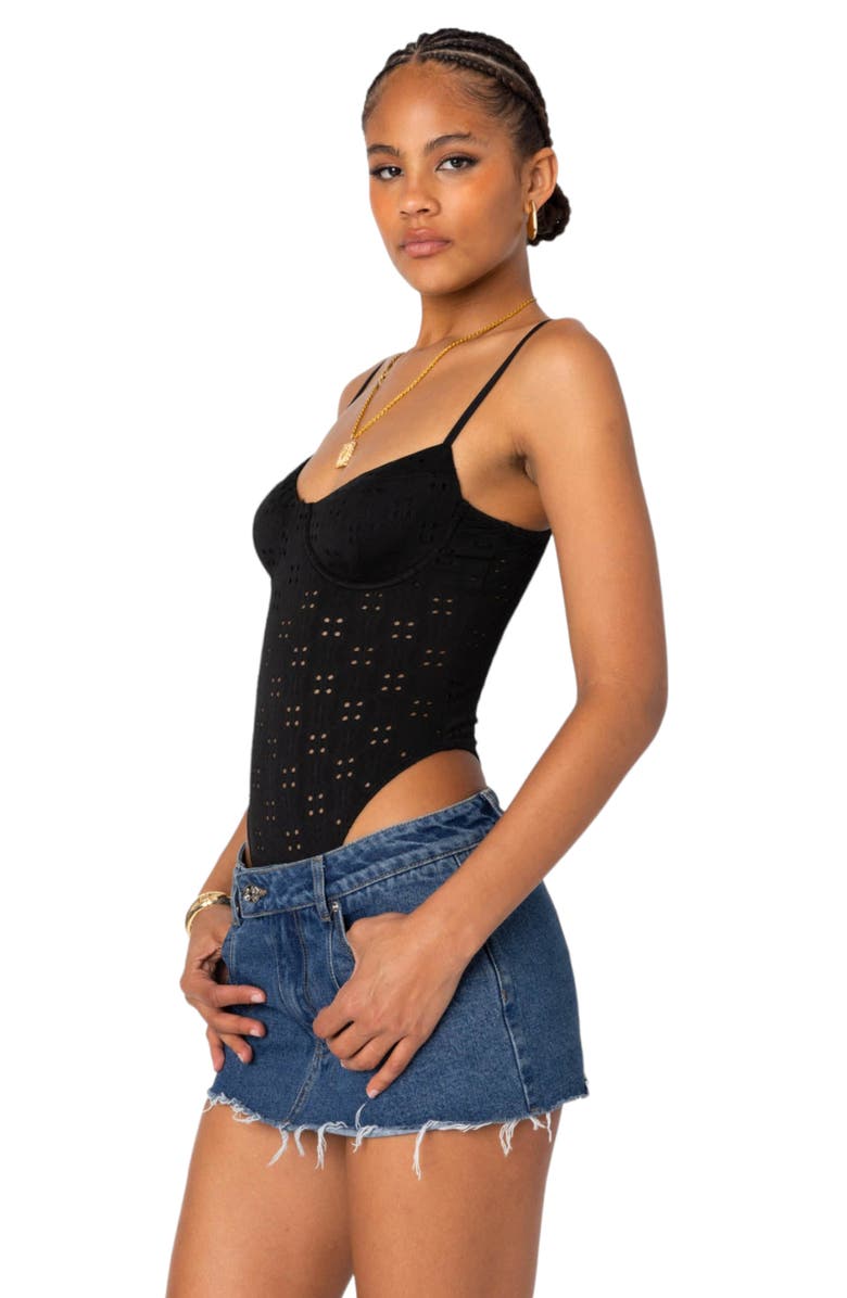EDIKTED Raven Eyelet Embroidered Bodysuit, Alternate, color, Black