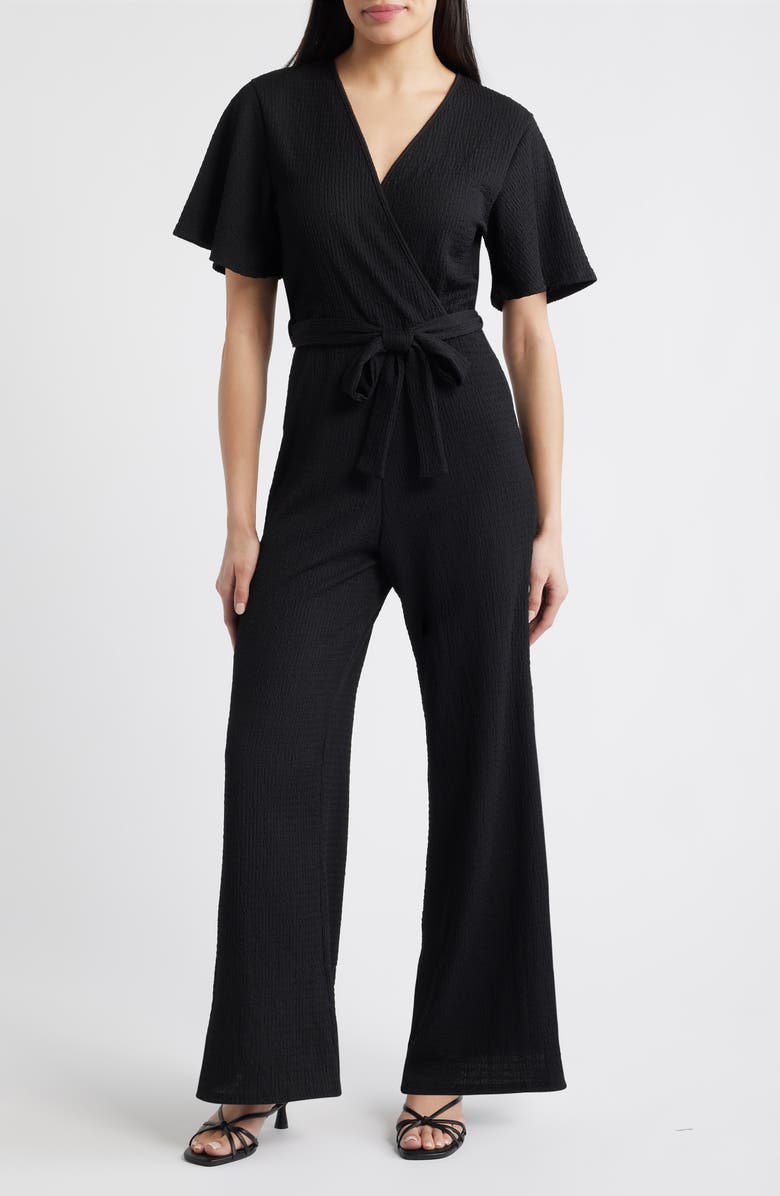 Loveappella Flutter Sleeve Textured Jumpsuit, Main, color, Black