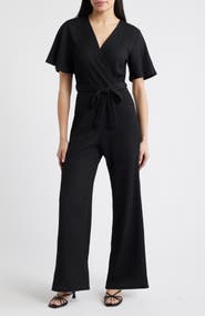 Loveappella Flutter Sleeve Textured Jumpsuit