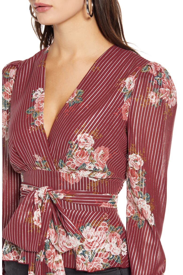 Montauk Floral Metallic Stripe Tie Waist Blouse, Alternate, color, BURGUNDY FLORAL