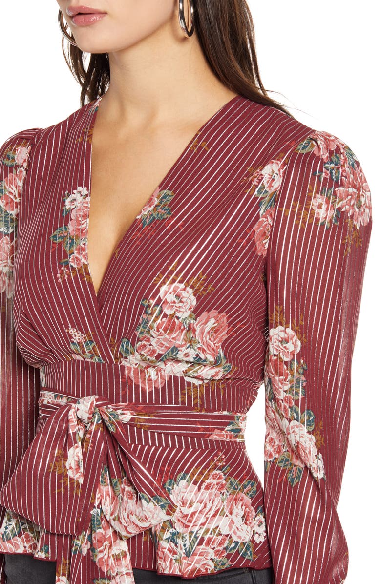 WAYF Montauk Floral Metallic Stripe Tie Waist Blouse, Alternate, color, 