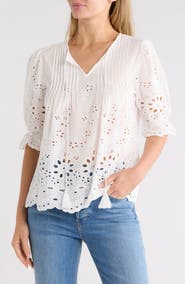 Forgotten Grace Eyelet Pleated Peasant Top
