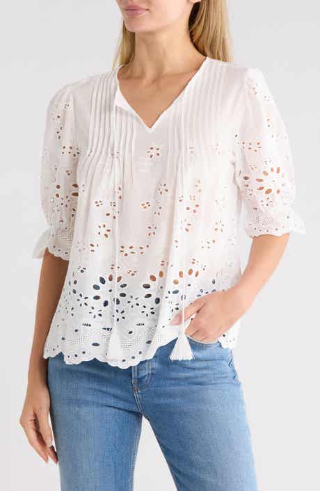 Eyelet Pleated Peasant Top