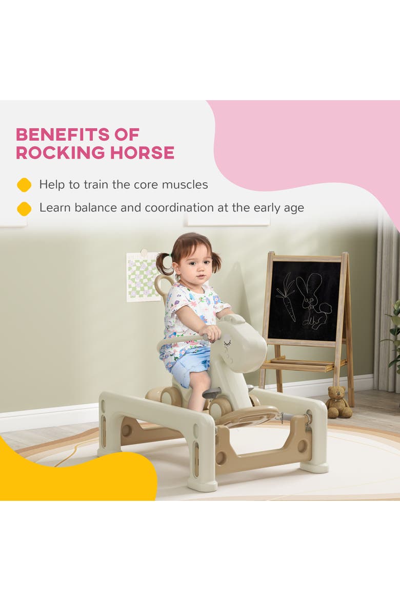 5 in 1 Rocking Horse with Detachable Balance Board, Push Handle, Footrest, Alternate, color, Cream White