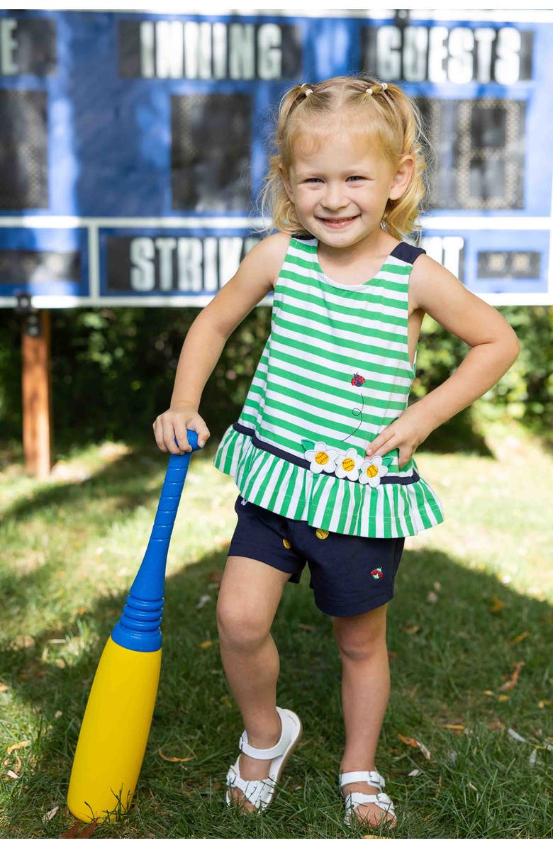 Florence Eiseman Knit Short Set With Softballs, Flowers, Ladybug, Alternate, color, Green/Navy