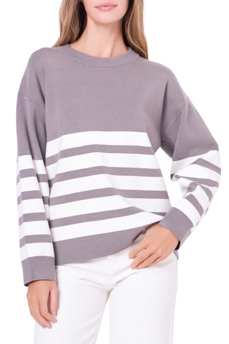 Stripe Crewneck Sweater, Alternate, color, HEATHER GREY/WHITE