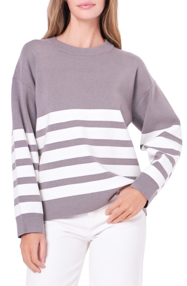 English Factory Stripe Crewneck Sweater, Alternate, color, Heather Grey/ White