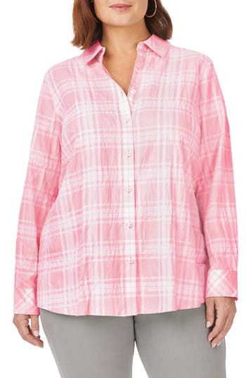 Foxcroft Faith Beach Plaid Button-up Tunic Shirt In Pink Champagne
