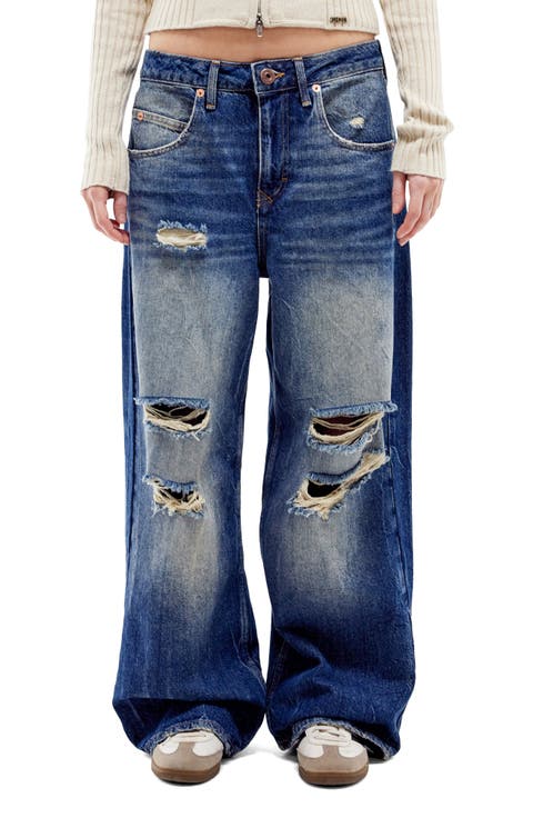Jaya Distressed Low Rise Wide Leg Jeans