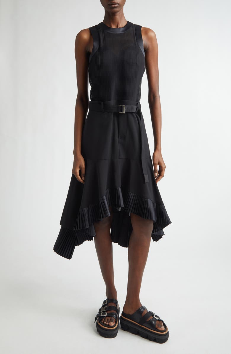 Sacai Suiting X Satin Dress, Main, color, Black