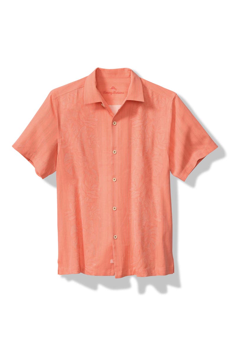 Maui Border Silk Short Sleeve Button-Up Shirt, Main, color, BRIGHT PEACH