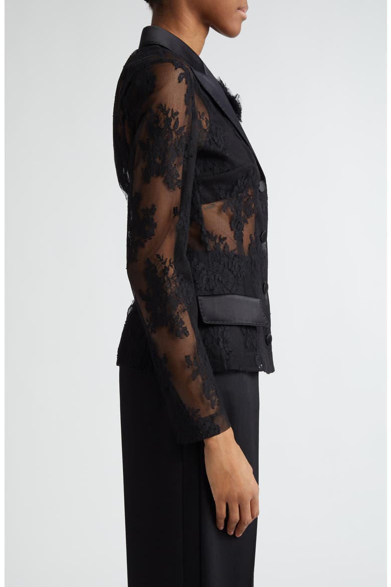 Sheer Floral Lace & Satin Jacket, Alternate, color, N0000 NERO