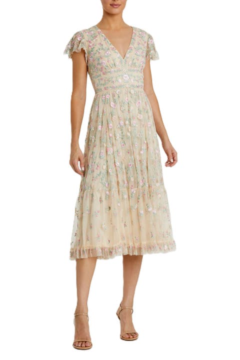 Embroidered V Neck Cap Sleeve Midi Dress