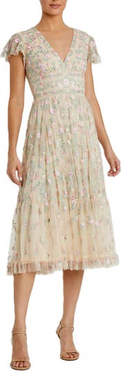 green emerald velvet dress Green Multicolor Embroidered V Neck Cap Sleeve Midi Dress