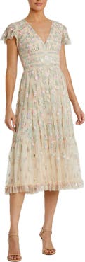 Mac Duggal Embroidered V Neck Cap Sleeve Midi Dress