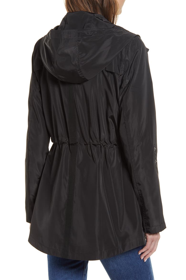 Hooded Cinch Waist Rain Jacket, Alternate, color, BLACK
