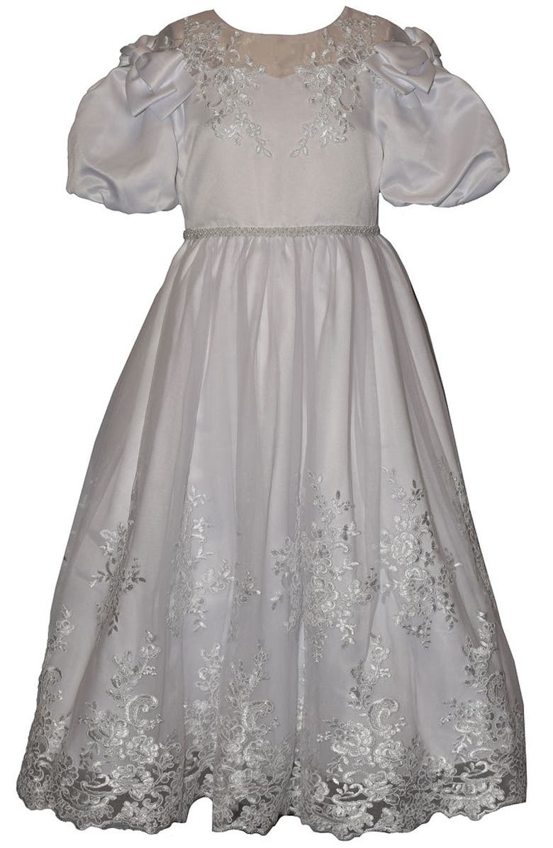 Iris & Ivy Bow Shoulder Ballon Sleeve Communion Dress, Main, color, White
