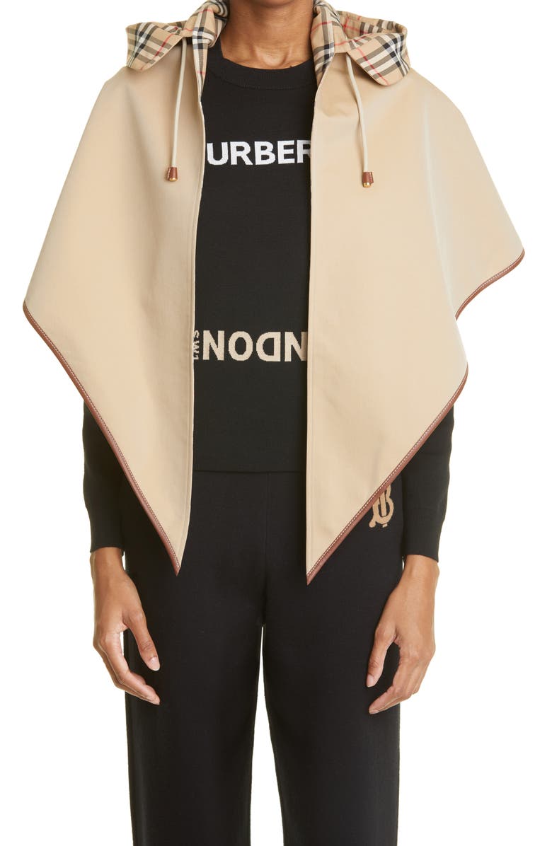 Burberry Leather Trimmed Cotton Hooded Cape, Main, color, 