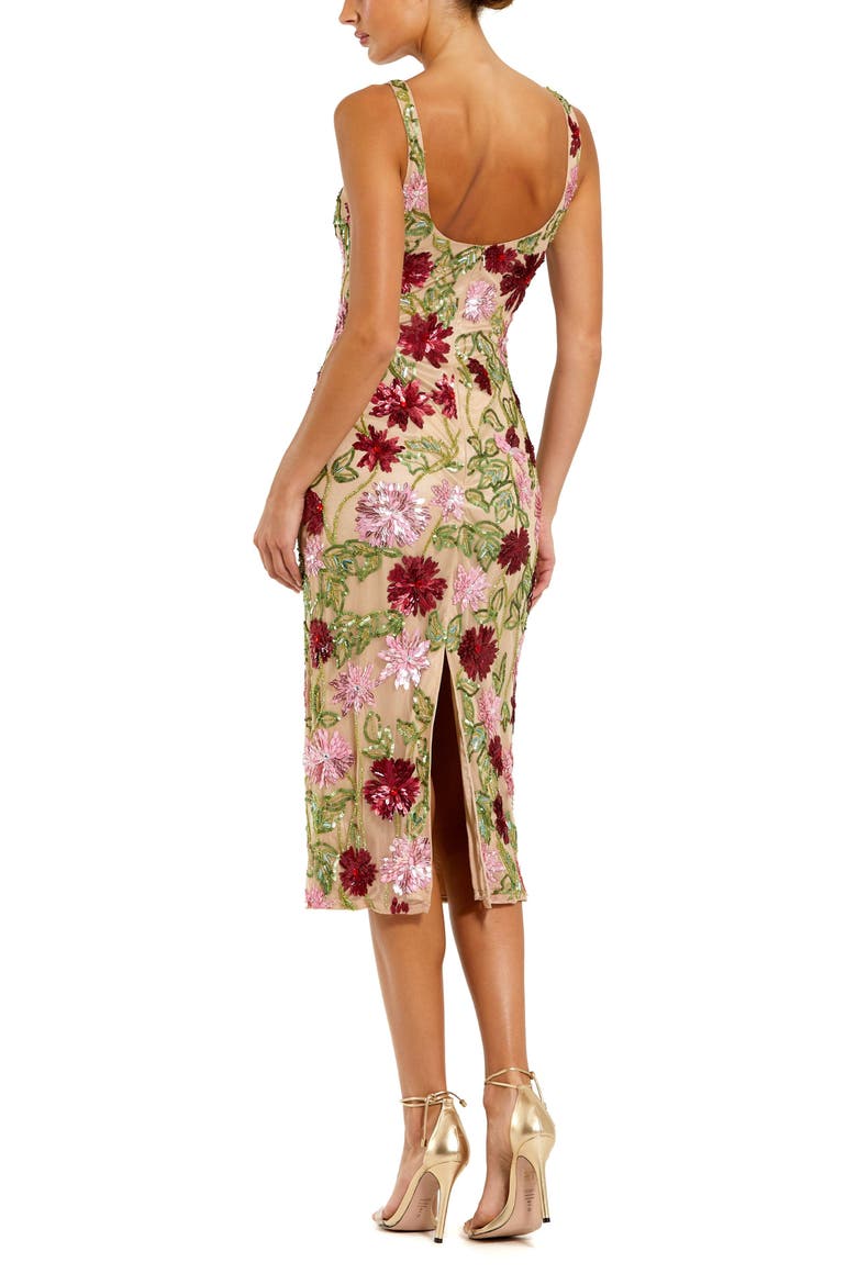 Women's Floral Beaded Mesh Scoop Neck Fitted Midi Dress, Alternate, color, Nude Multi