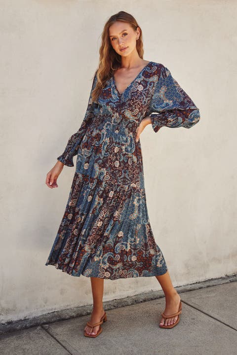 Paisley Print Smocked Waist Tiered Midi Dress