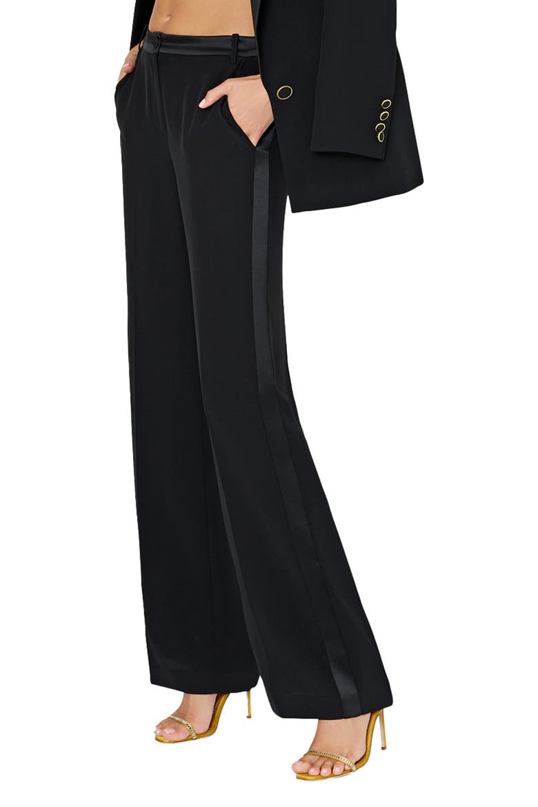 Soren Low Rise Wide Leg Satin Trim Pants, Main, color, BLACK