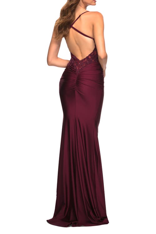 La Femme Jewel Tone Jersey Gown With Sheer Lace Bodice In Dark Berry