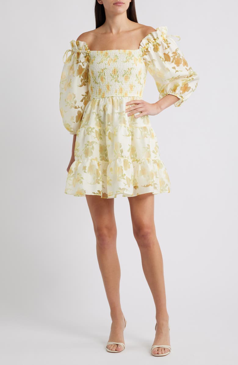LAYERED WITH LOVE Floral Puff Sleeve Tiered Mini Sundress, Main, color, Yellow Fade