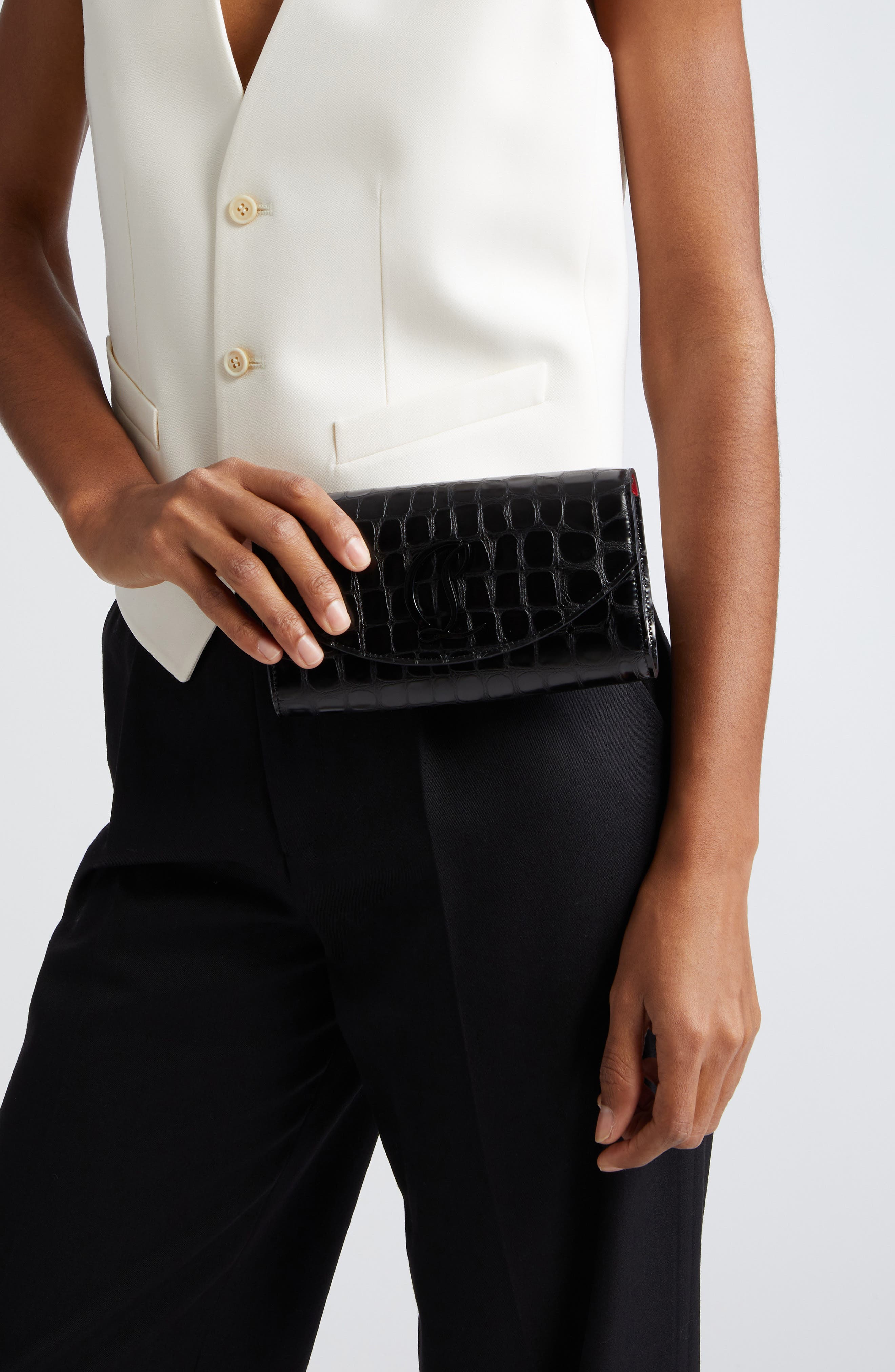 Christian Louboutin Loubi54 Croc Embossed Leather Wallet on a Chain, Alternate, color, 