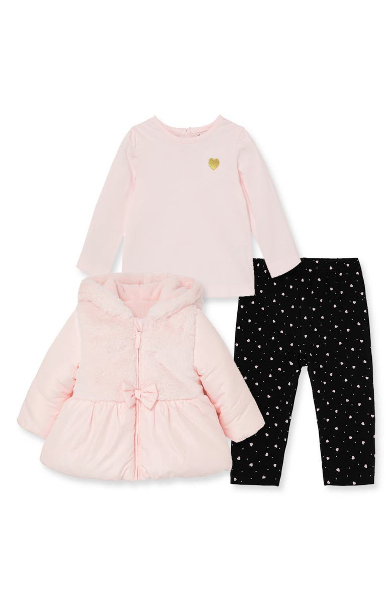 Little Me Faux Fur Jacket, Shirt & Leggings Set, Main, color,