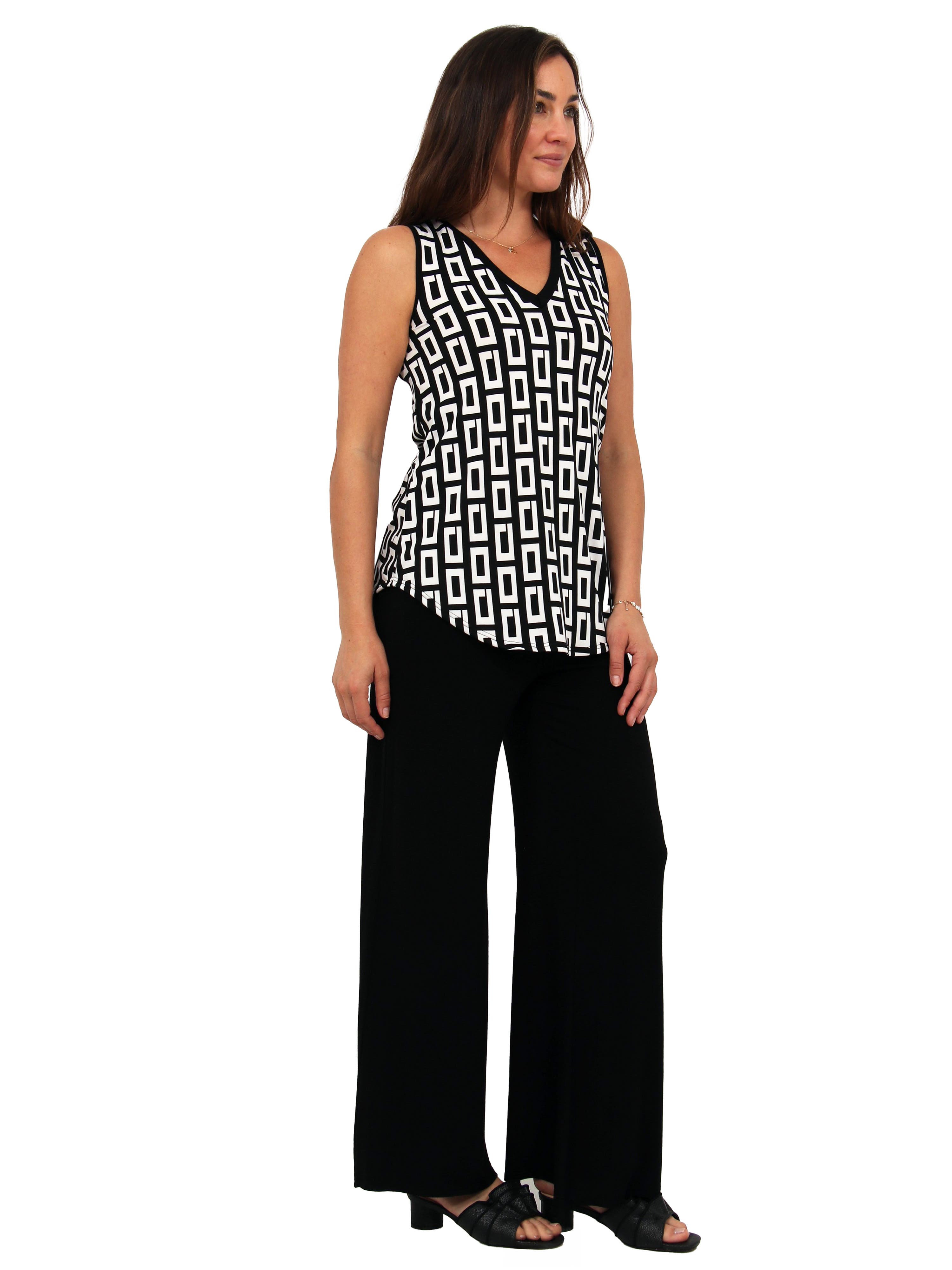 Womens Essential Geometric Print V-Neck Sleeveless Round Hem Top and Elastic Waist Flared Pant Set - image 2