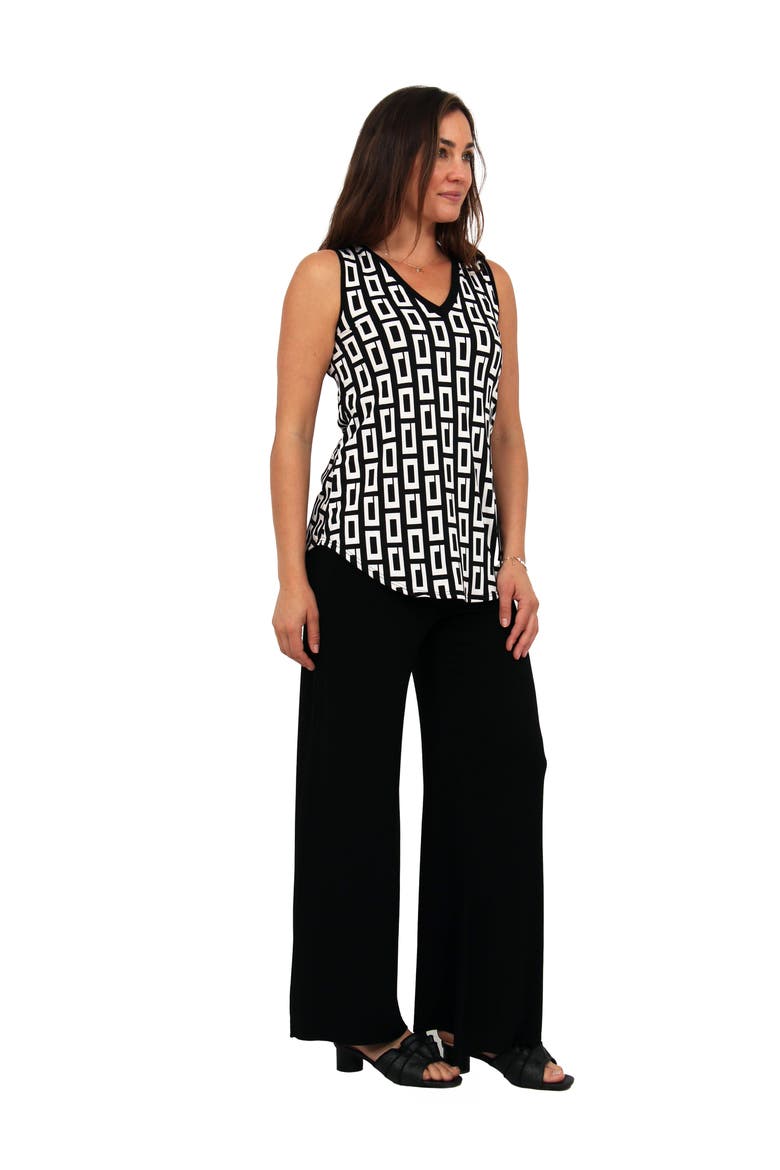 Womens Essential Geometric Print V-Neck Sleeveless Round Hem Top and Elastic Waist Flared Pant Set, Alternate, color, Black Multi