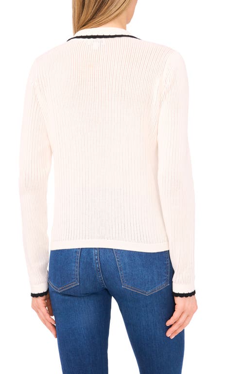 Cece Contrast Trim Pointelle Cotton Polo Sweater In White